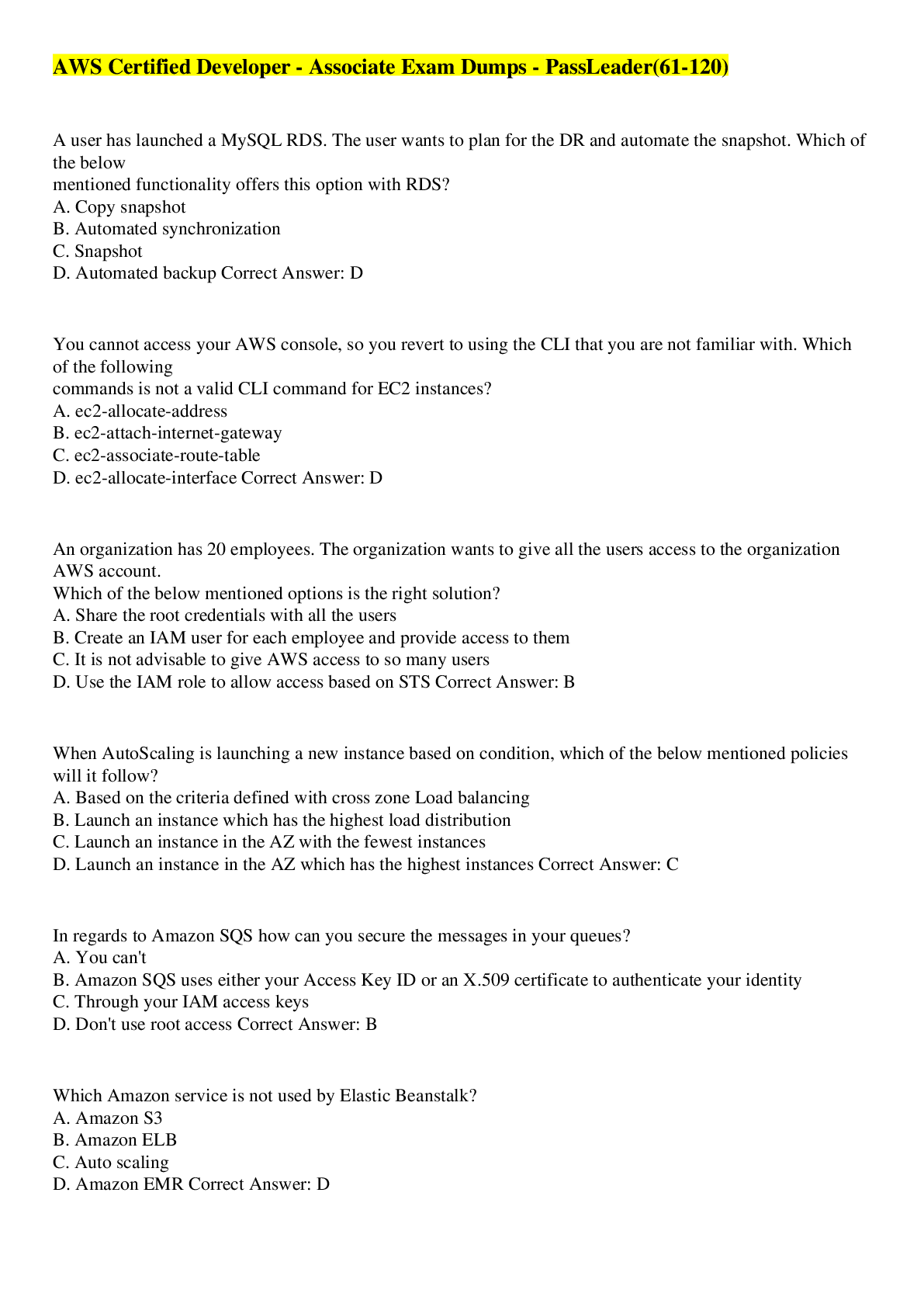 Preview image for AWS Certified Developer - Associate Exam Dumps - PassLeader(61-120)